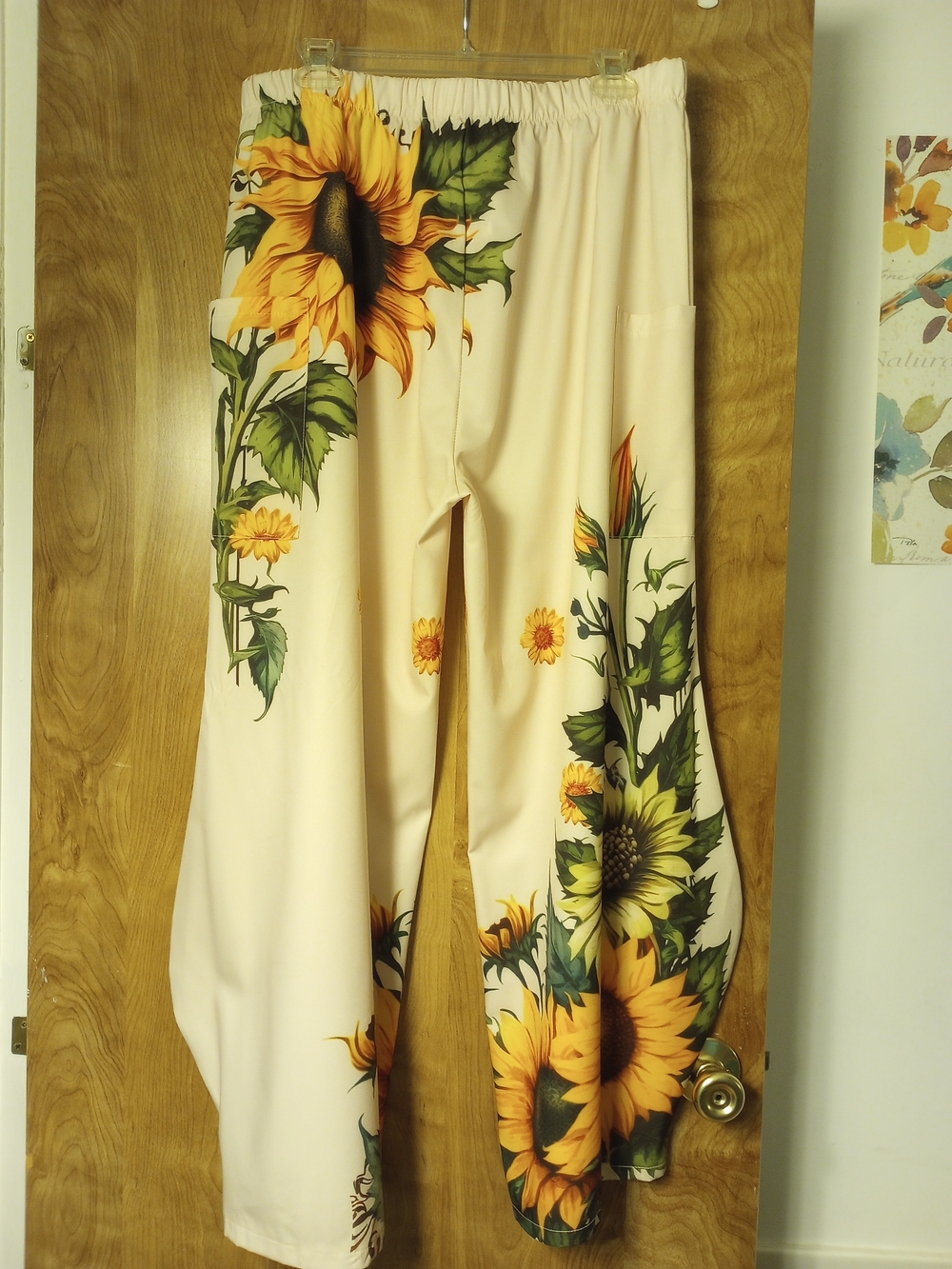 Cream Sunflower Print Wide-Leg Pants